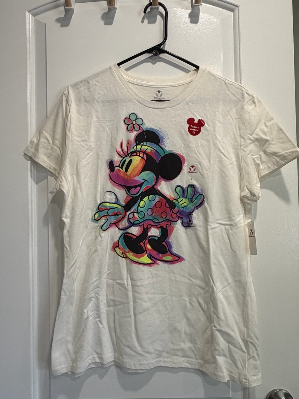Woman Disney White Tee with Neon Rainbow Minnie Graphic